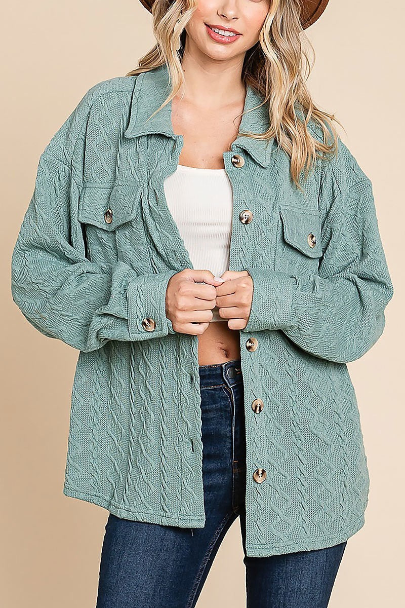 Textured cable knit collared shacket (EDH1775)