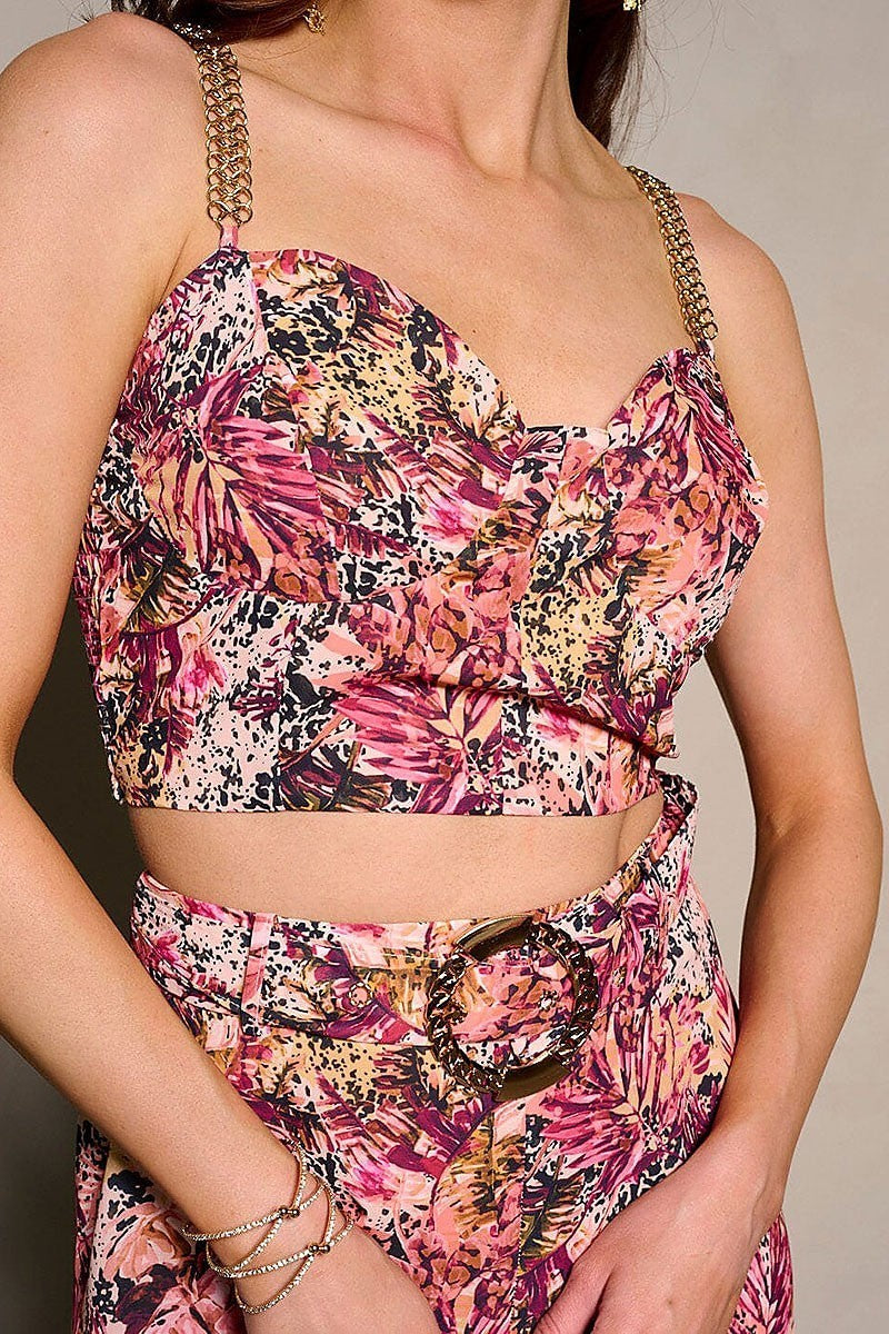 Sleeveless crop top & belted pants floral 2pc set (EFWT9498)