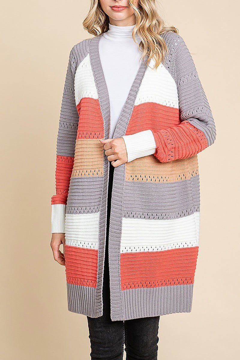 Color block open knit cardigan (EDH1814)