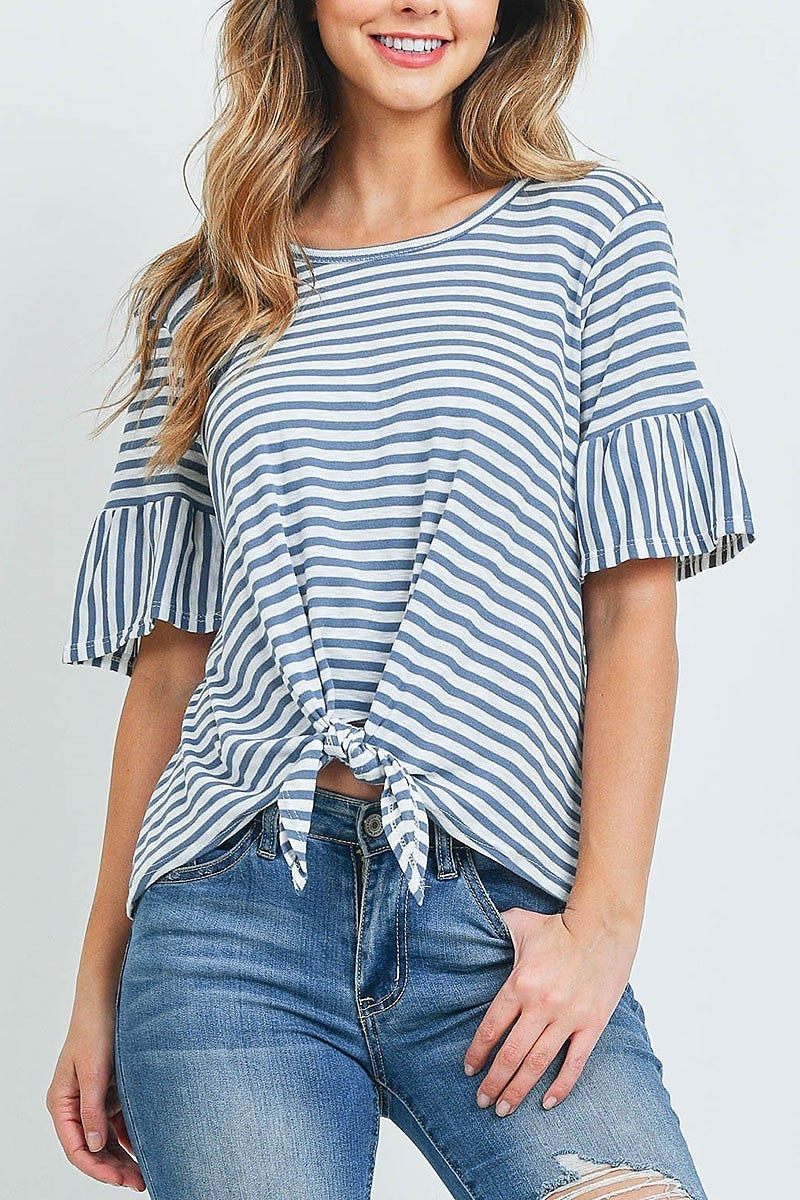 Waist tie ruffle sleeve stripe top (ED9293)