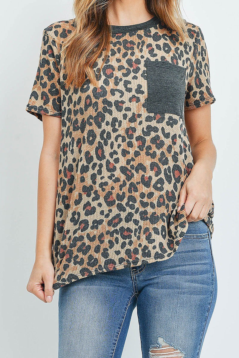 Leopard rib detail pocket top (ED8830)