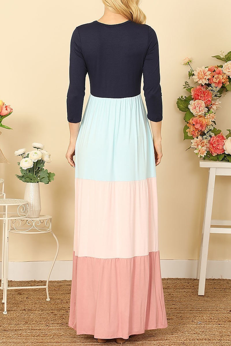 Quarter sleeve color block maxi dress (DED9453)