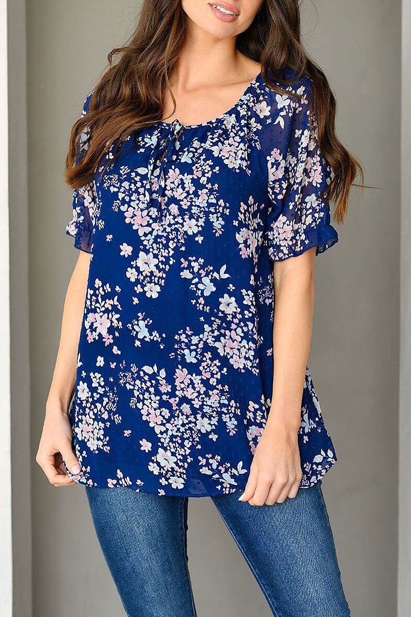 Short ruffle sleeve floral swiss top (EDWT9457)