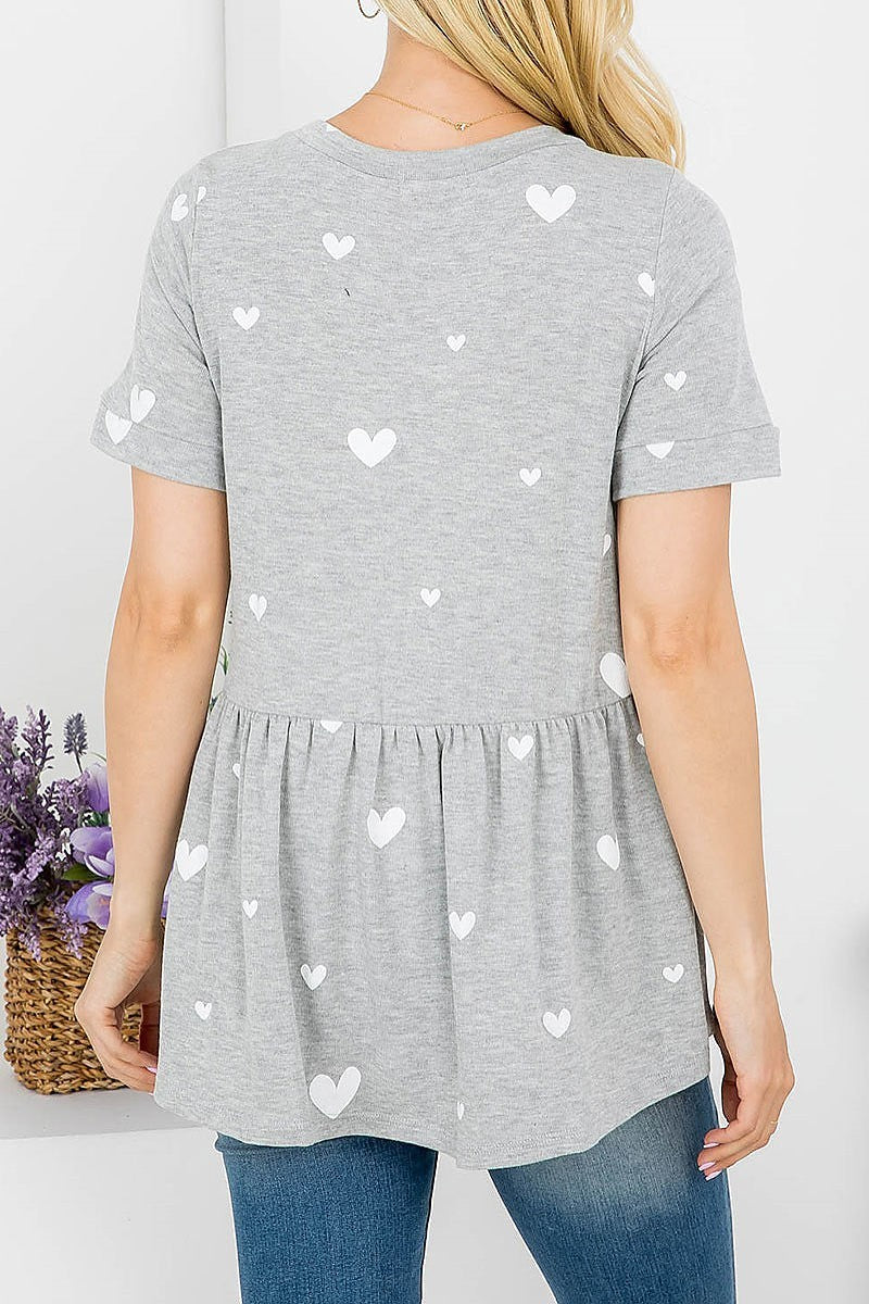 Heart print button trimmed baby doll top (EF4149)