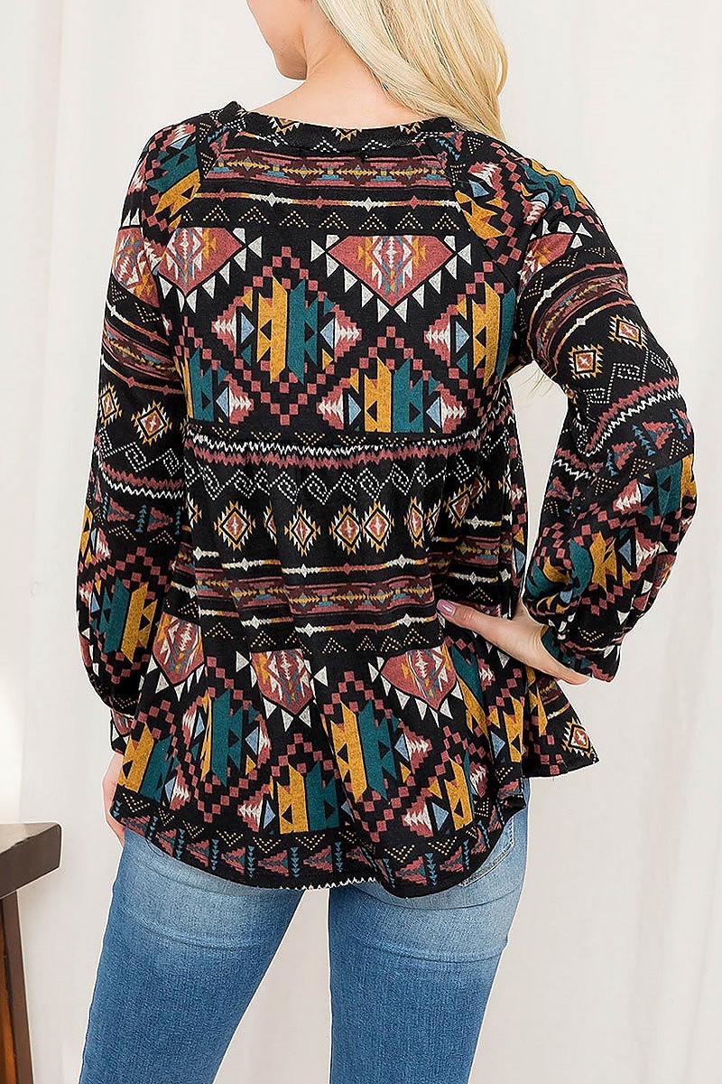 Boho print puff sleeve shirring top (EF2884)