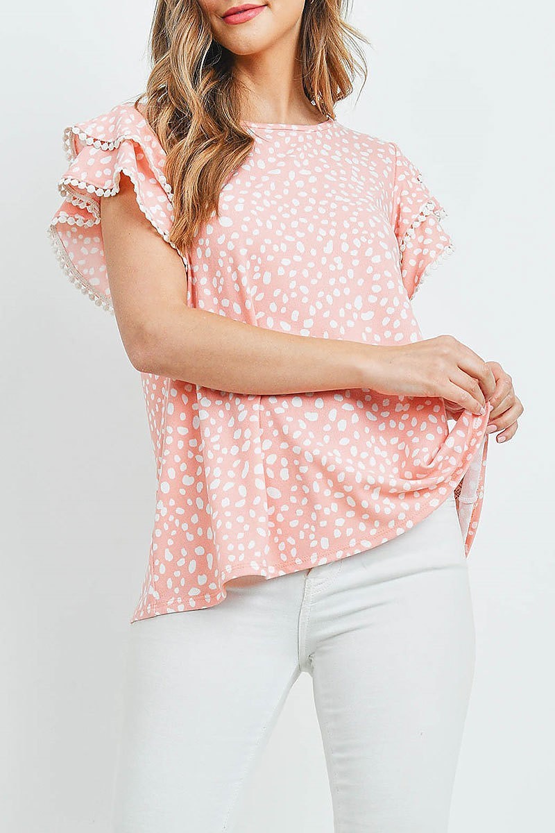 Pompom detail sleeves pebbles top (ED9790)