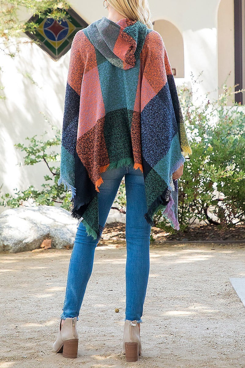 Square multicolor warmer knitted hooded poncho (DGS5851)