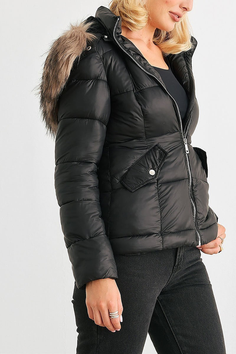 Faux fur hood water resistant finish puffer jacket (TEDT2078)