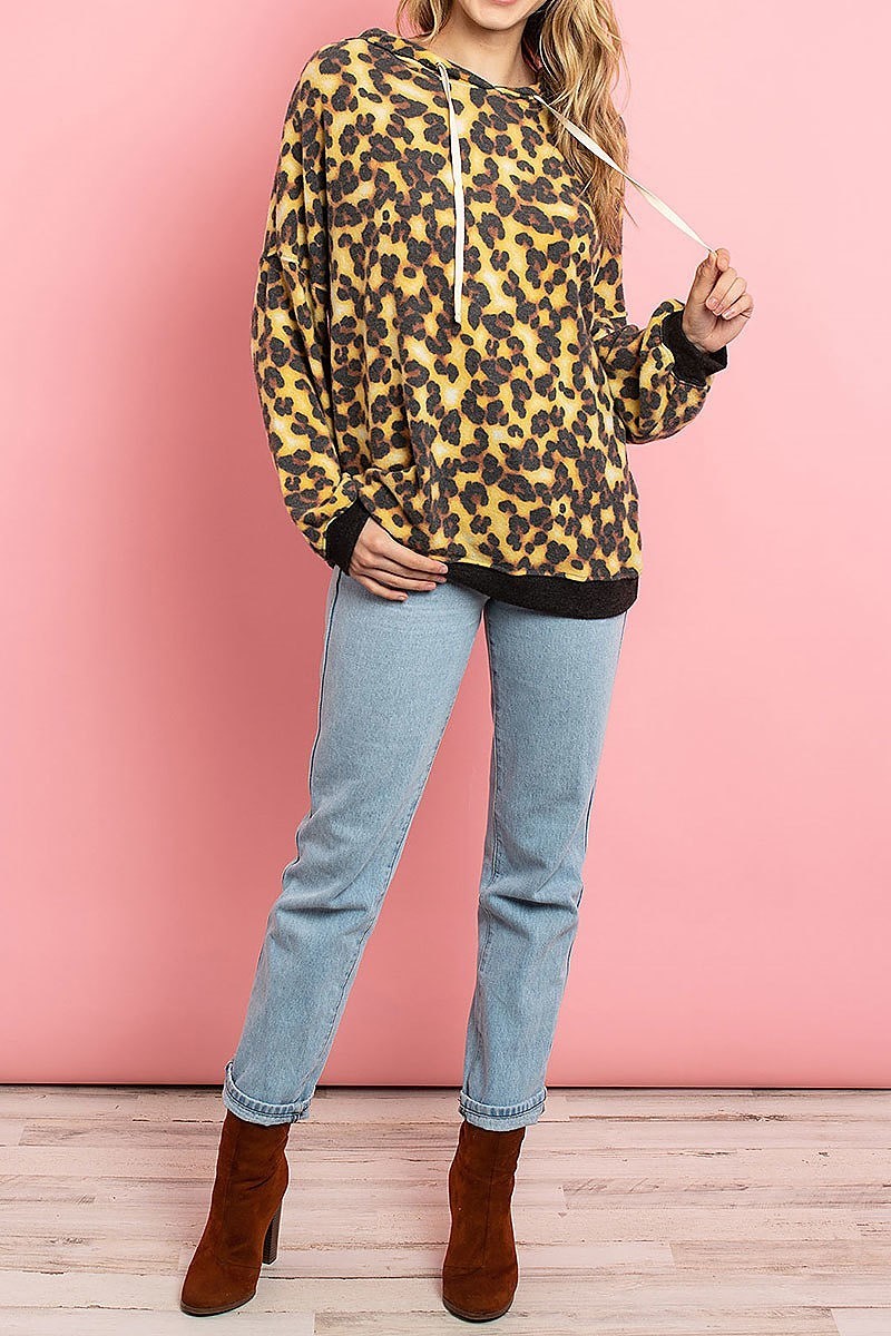 Animal print color block loose fit hoodie top (ED8151)