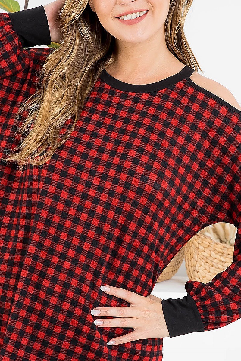 Plaid long sleeve cold shoulder top (EF2757)