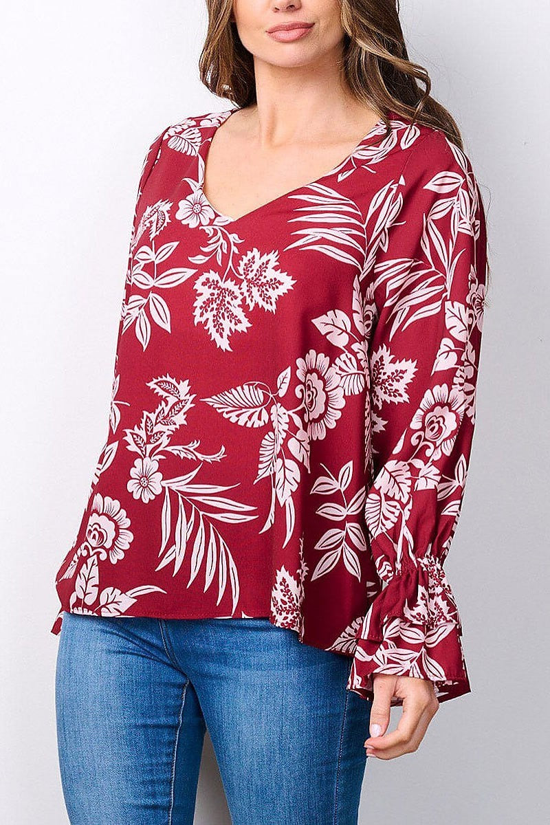 Long smock sleeves v-neck floral tunic blouse top (EFWT7482)