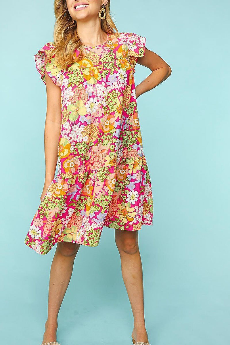 Floral ruffle frill sleeve with side pockets dress (ETMBM2833)