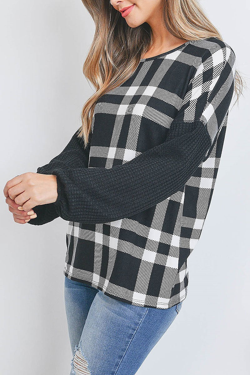 Knit elastic band long sleeve plaid top (EF2643)