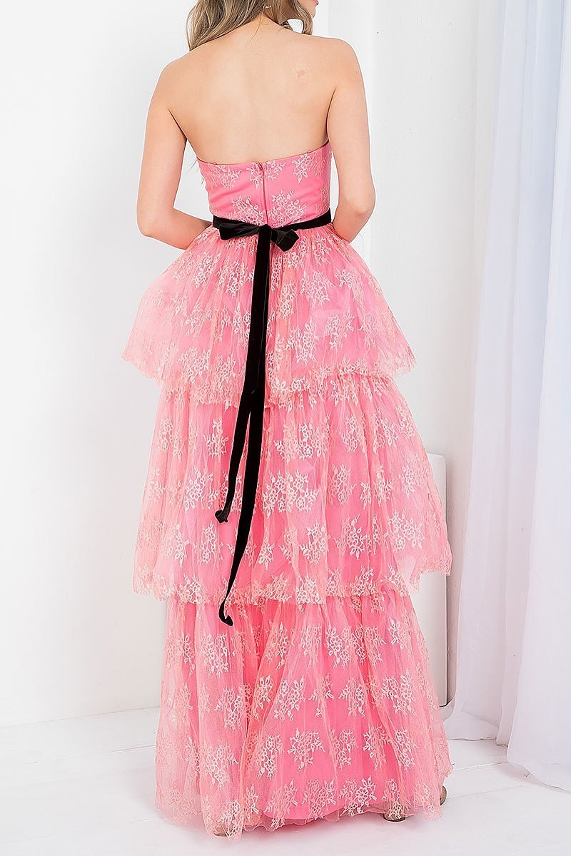 Sweetheart neck tiered layered flroal lace maxi dress (DED7391)