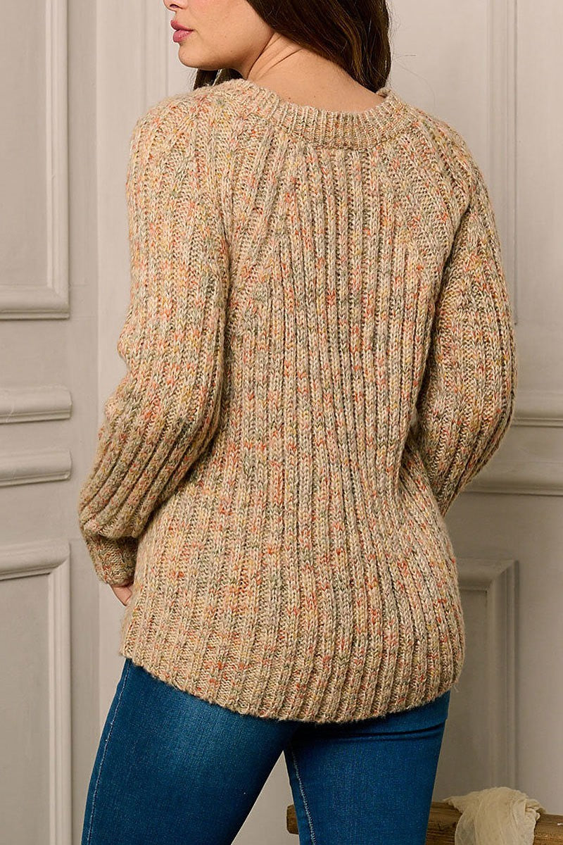 Long sleeve v-neck multi knit sweater (EFWT5955)