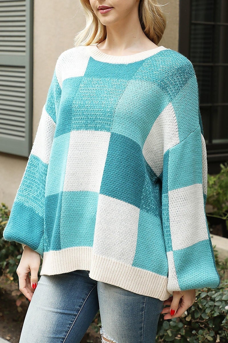 Multi color waffle knit block sweater (DGS6545)