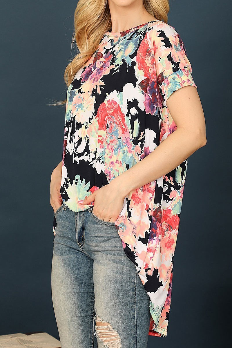 Multicolor short sleeve long back tunic floral top (EF7393)