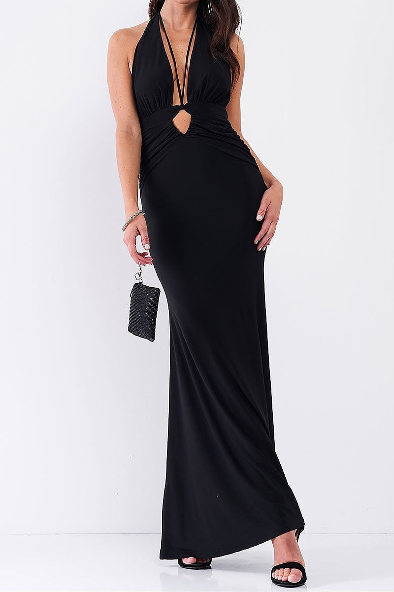 Halter neck front cutout detail ruched open back maxi dress (TDG7762-3)