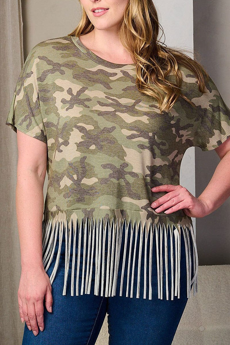 Fringe bottom hem tunic camo print top (EFWT8210)