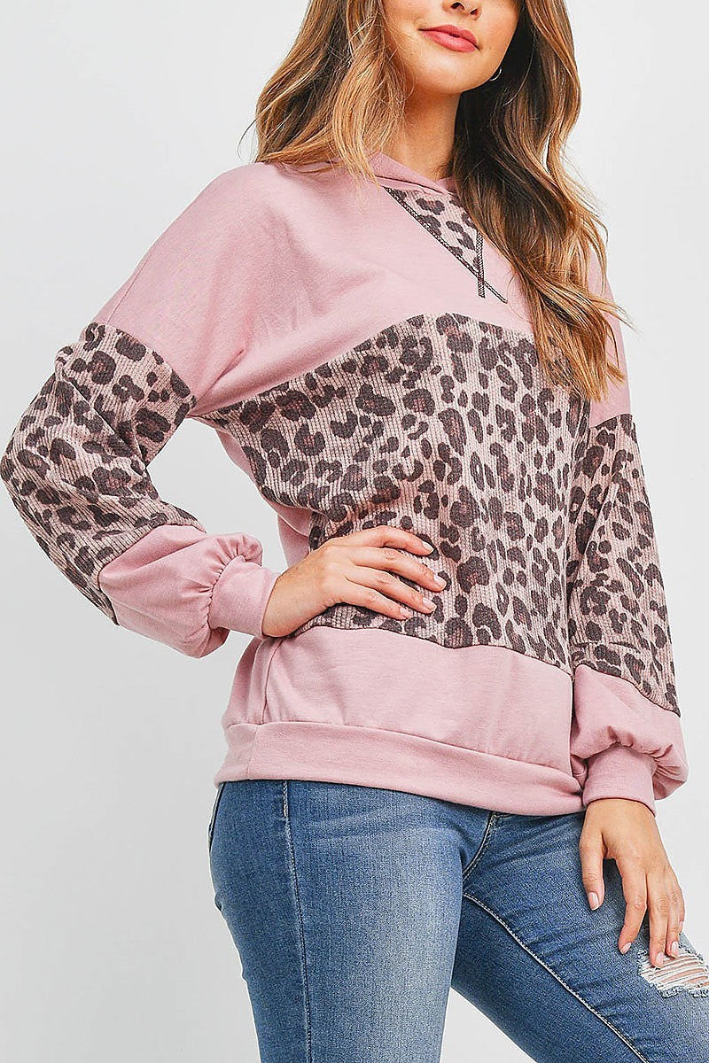 Rib leopard contrast puff sleeve hoodie (EF2038)