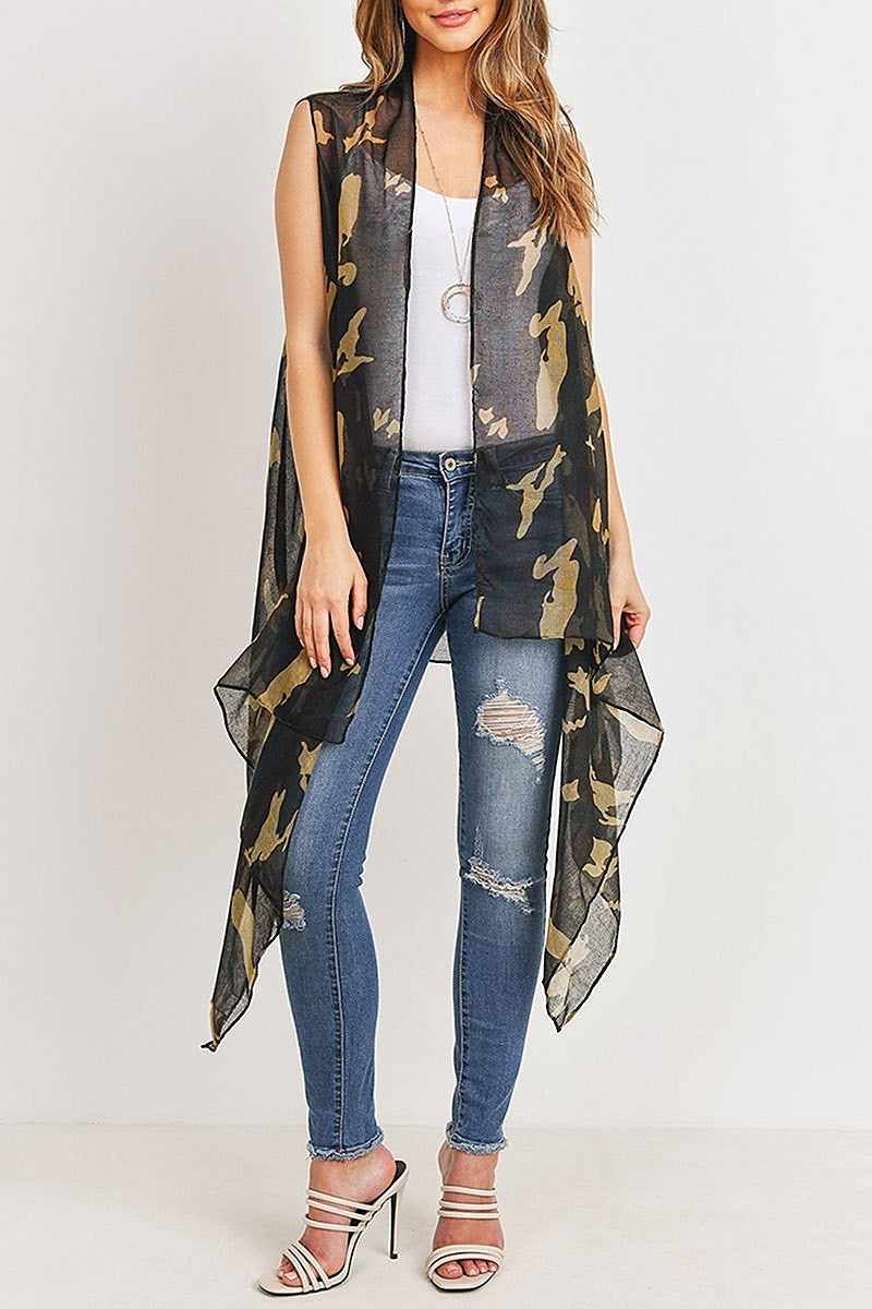 Knee length camouflage open front kimono vest (DGS5177)