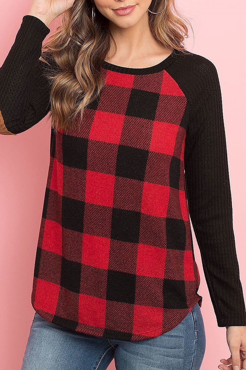 Elbow patched rib detail sleeve plaid top (ED8306-LAST)