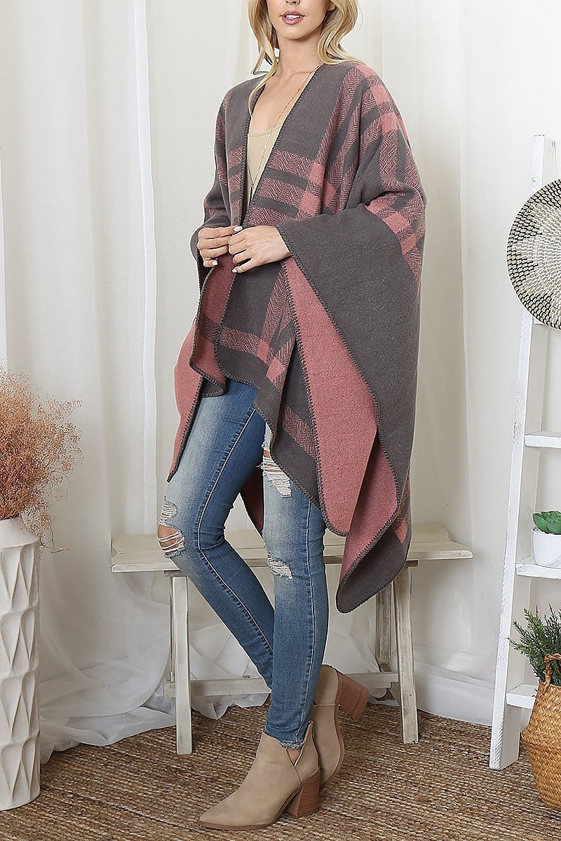 Plaid knit warmer open front kimono (DGS6094)