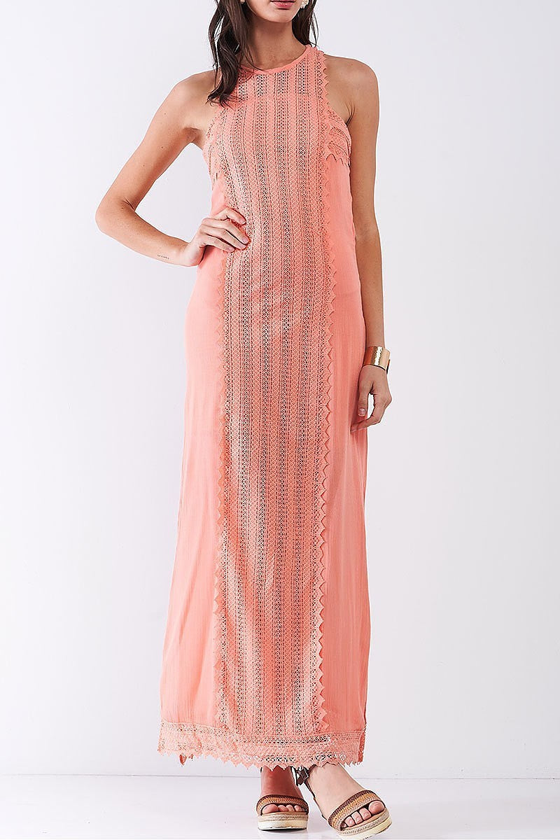 Lace trimmed halter neck maxi dress (TDG8021)