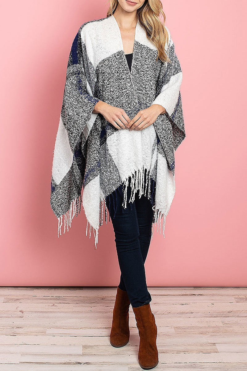 Fringe detail loose fit poncho sweater (DGS4916)