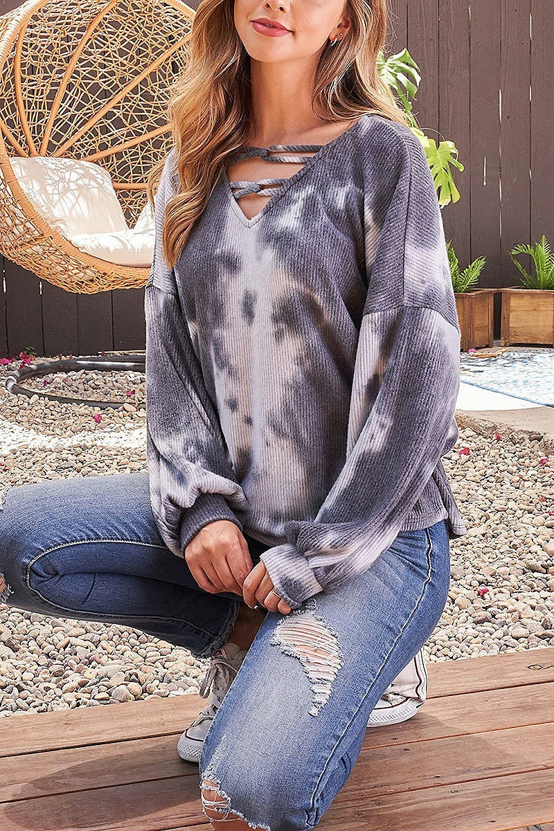 V neck chain strap long sleeve rib tie dye (EF2004)