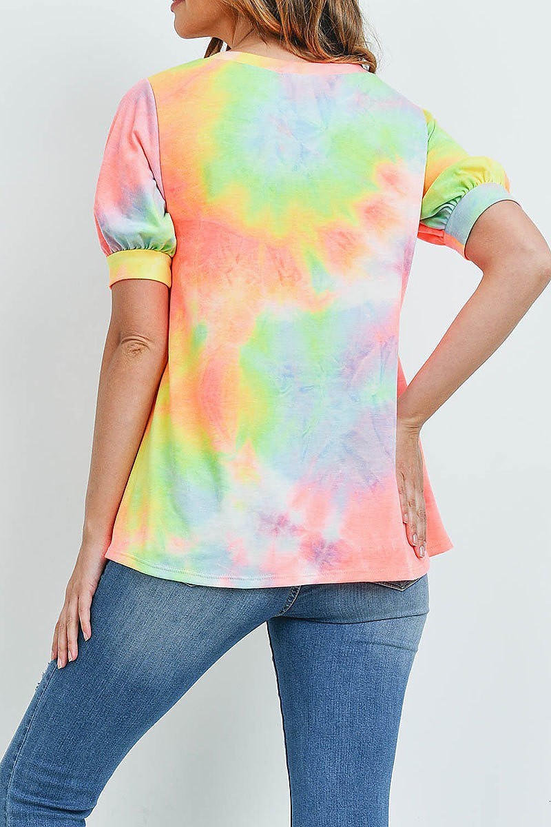 Puff sleeves v neck tie dye top (ED9163)