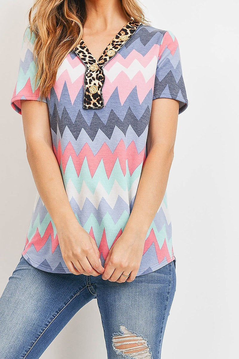 Animal chevron print color block top with button trim (ED8936-LAST)