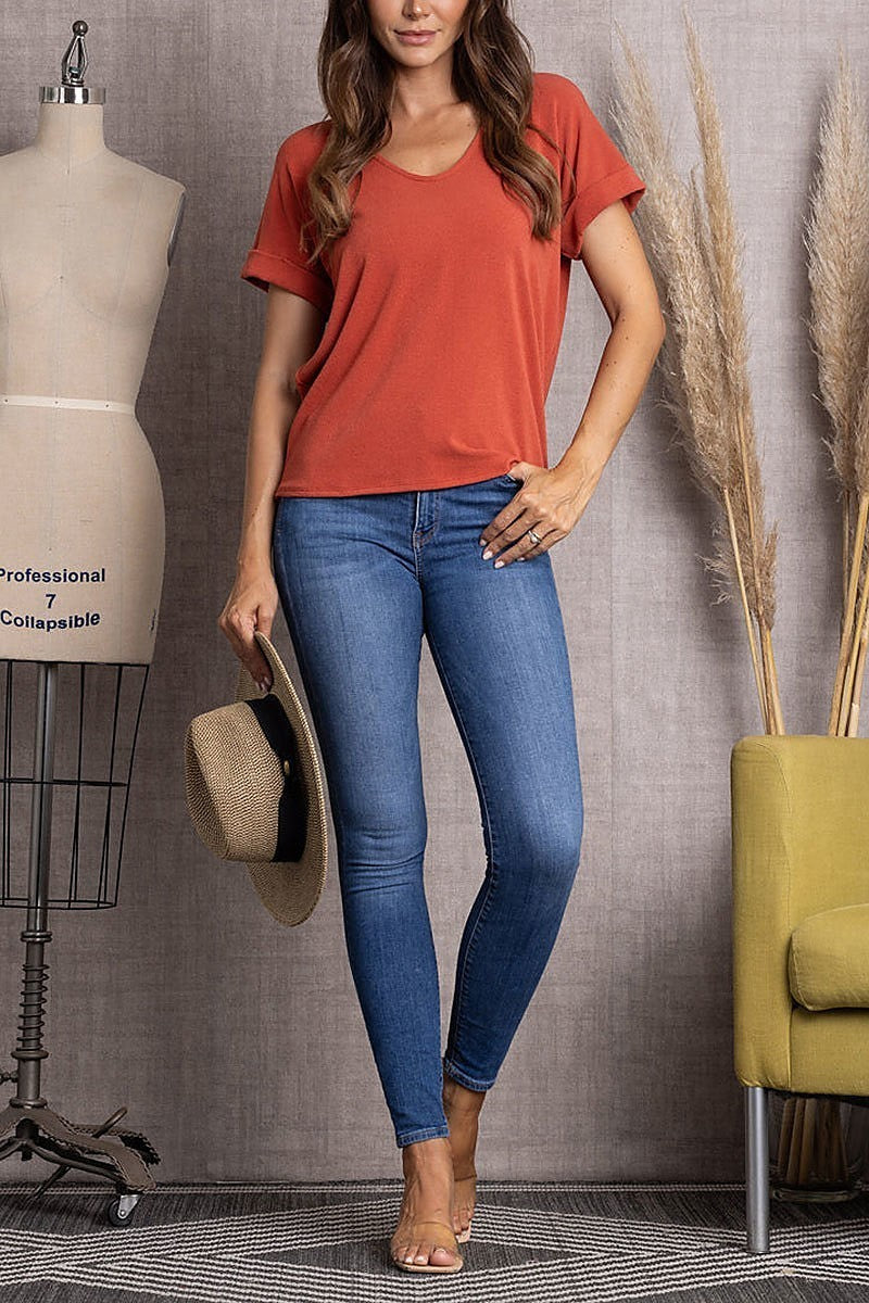 Solid v-neck folded hem short sleeve tunic top (EDSW3407)