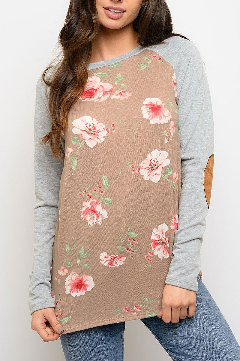 Floral elbow patches long sleeve top (EDWT3333)