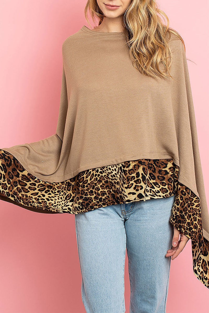 Leopard trim loose fit poncho cardigan (ED8200)