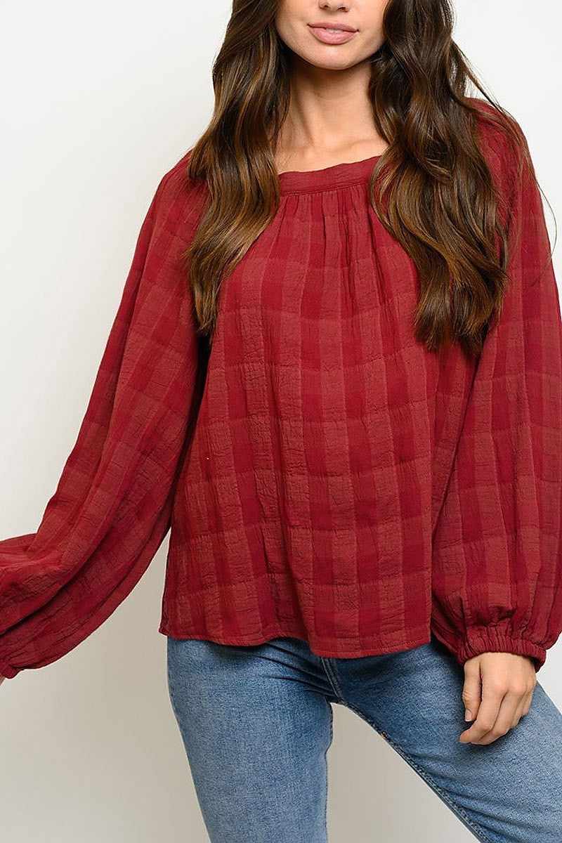 Long sleeve round neck plaid top (EDWT2806)