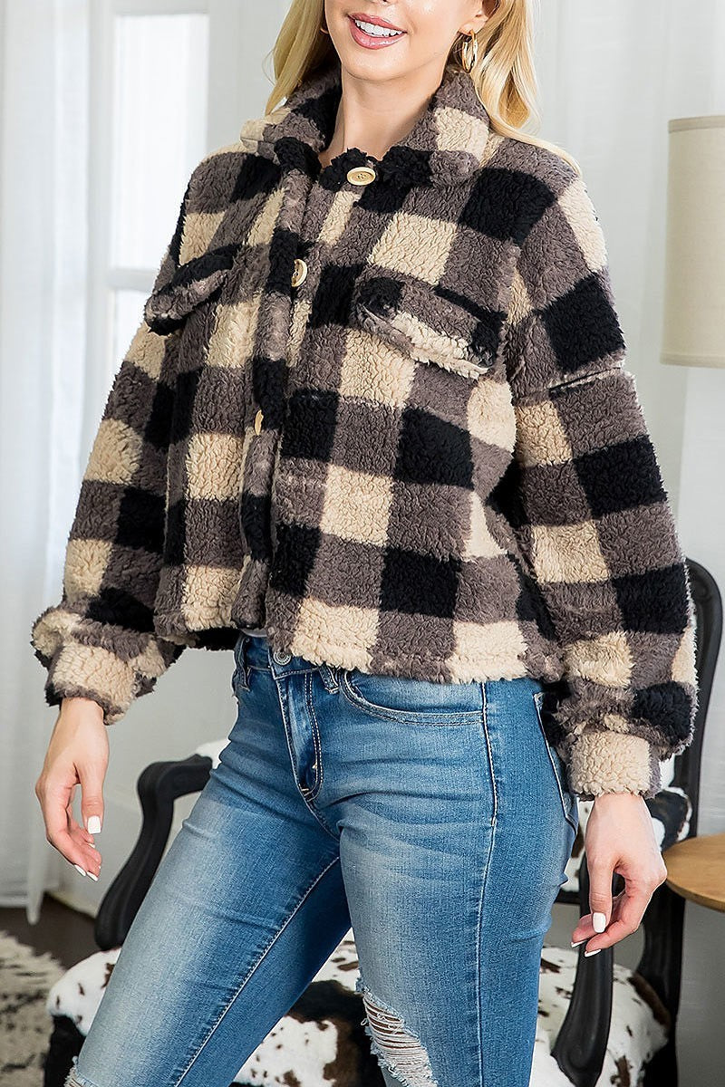 Button detail long sleeve fleece plaid top (DGS5775)