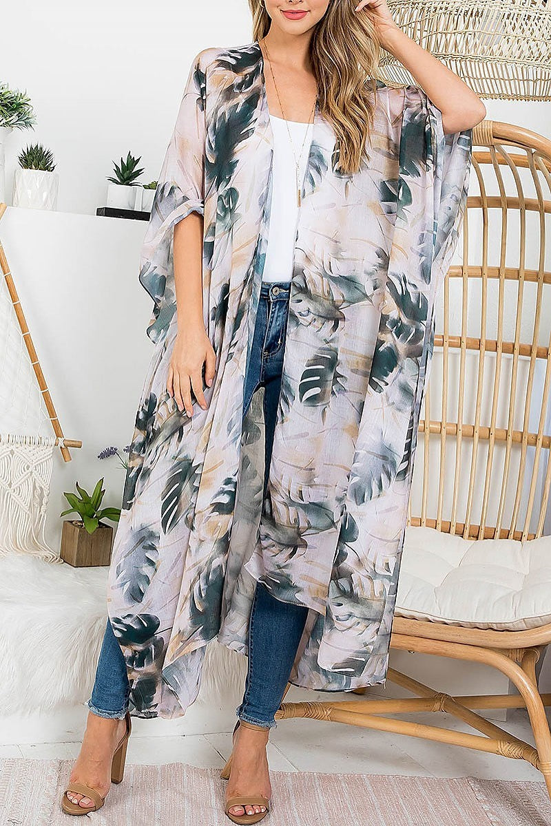 Leaf print bohemiian open front long kimono (EF4178)