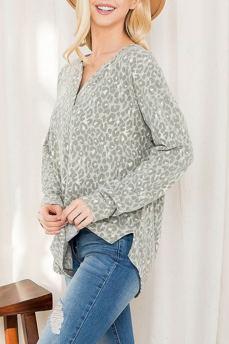 Split neck animal print loose fit top (EF2771)