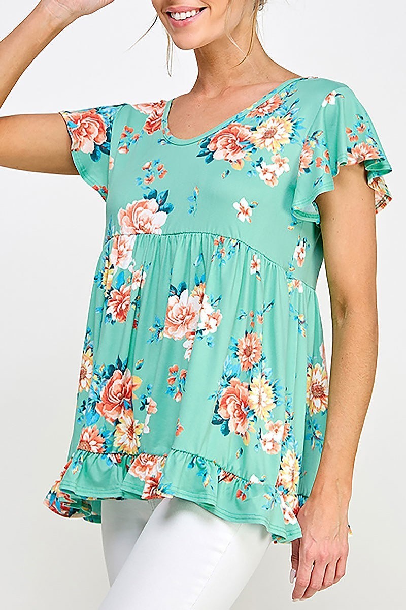 Flutter sleeve ruffle hem babydoll floral knit top (XDG8185)