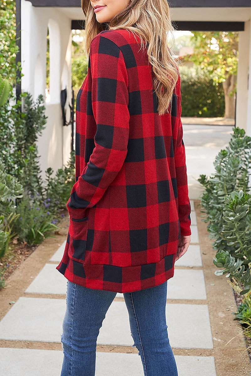 Plaid long sleeve open front pocket cardigan (DGS5488)