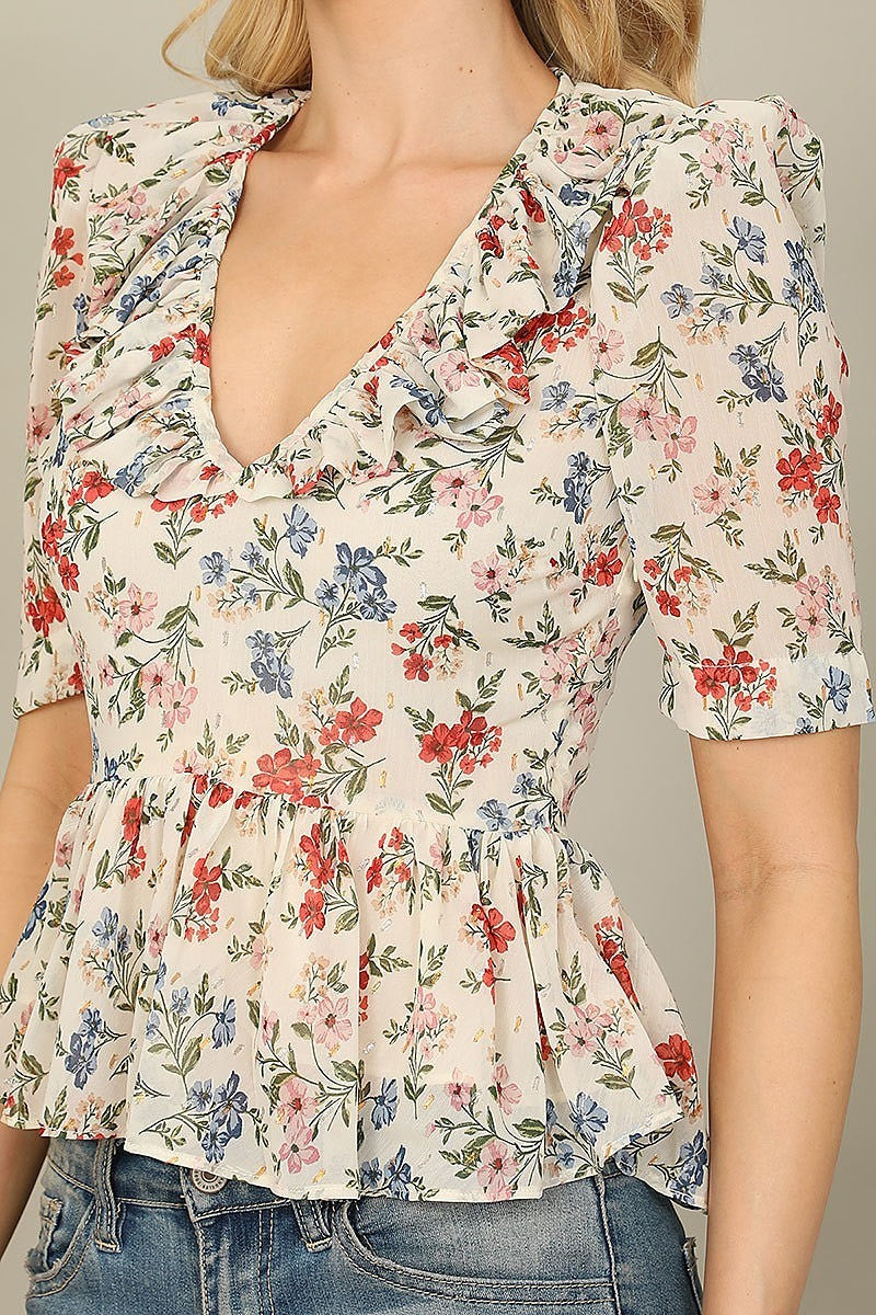 Ruffle v-neck half sleeve peplum floral top (EF7366)