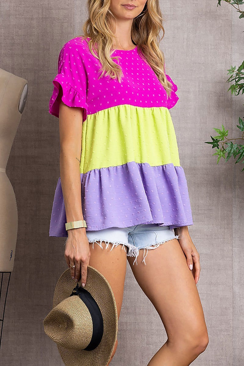 Swiss dot solid color ruffle short sleeves top (EDSW3307)