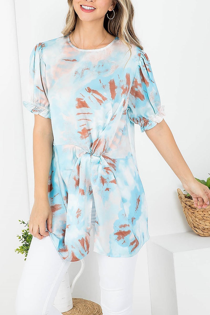 Tie dye round neckline puffed sleeve top (EF3786)