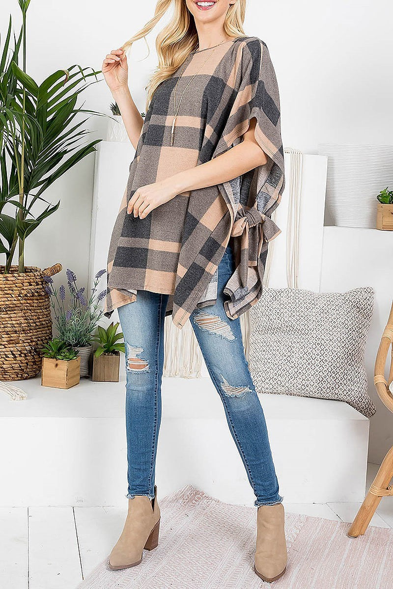 Crew neck plaid kimono poncho (EF2827)