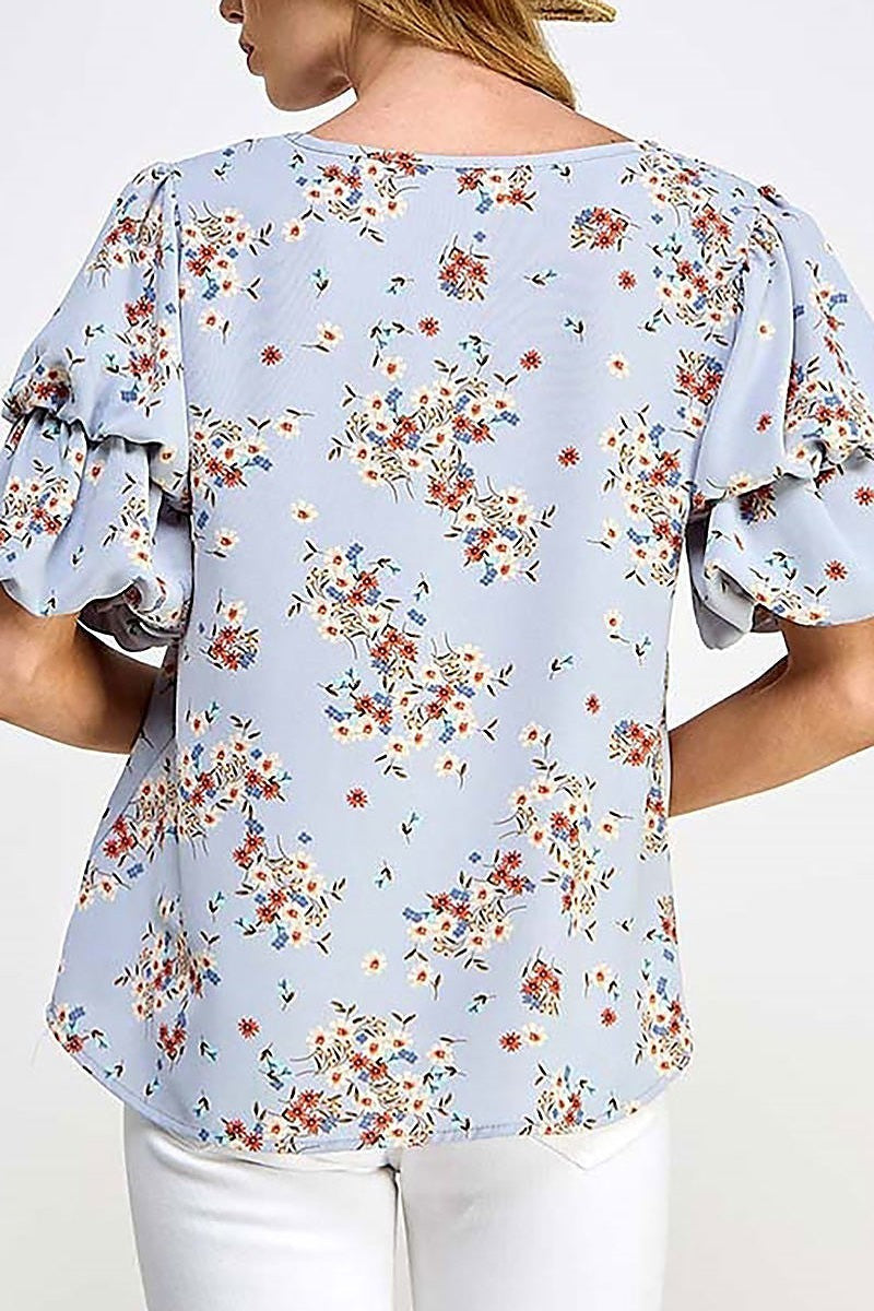 Layered puff sleeve woven floral blouse (EF5830)