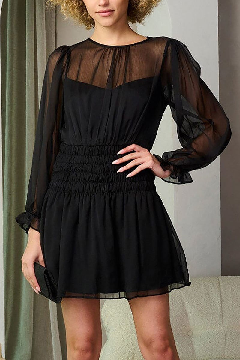 Long puff sleeve smock mesh mini dress (EFWT8331)