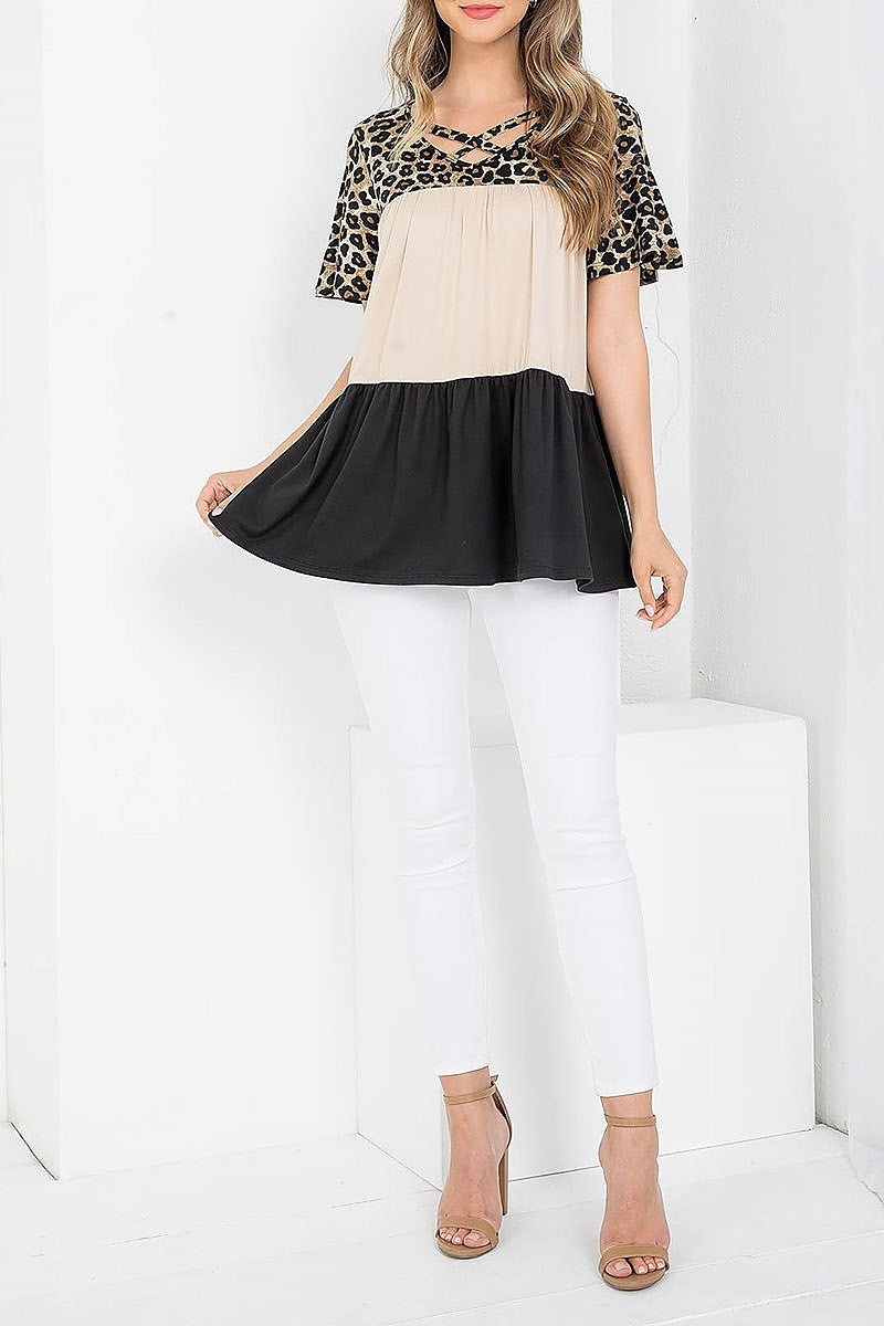 Leopard crisscross neck color block top (EF3926)