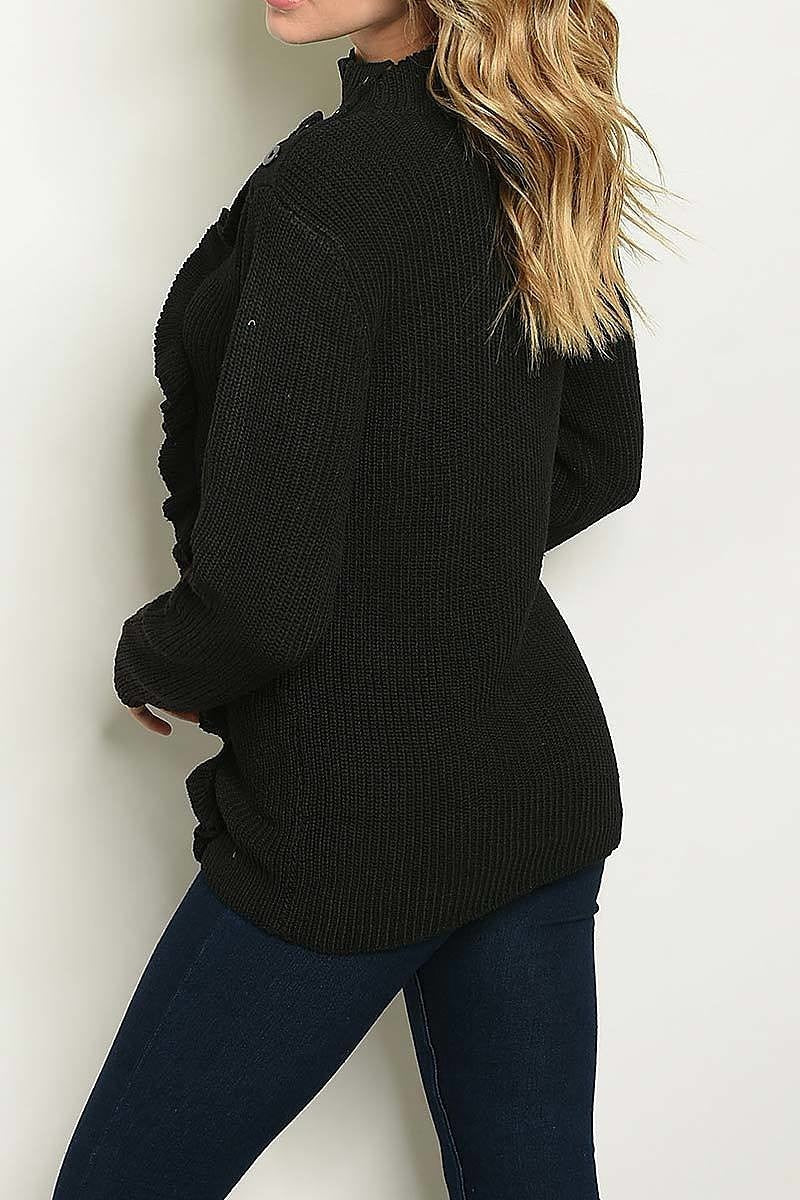 Mock neck button trimmed ruffle front sweater (DGS3460)