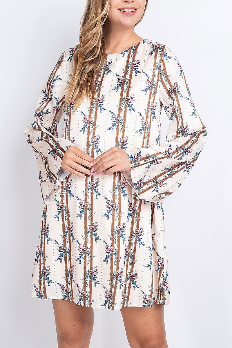 Floral print stripe bell sleeve tunic dress (DED6813)